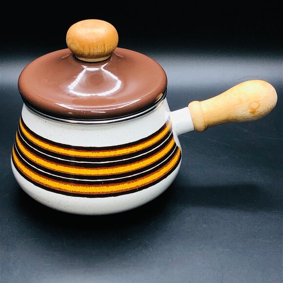 70s Levcoware Vintage Brown Orange Enamel Fondue Pot with Lid Wood Handle Knob - Picture 1 of 9